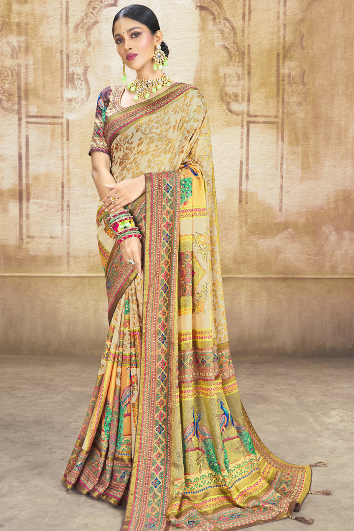 Beige Color Brasso Fabric Printed Function Wear Classic Saree