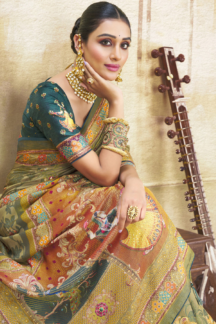 Attractive Printed Green Color Function Wear Brasso Fabric Saree