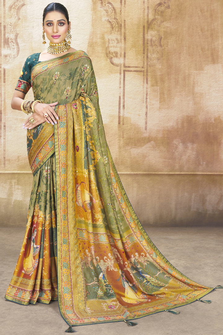 Attractive Printed Green Color Function Wear Brasso Fabric Saree