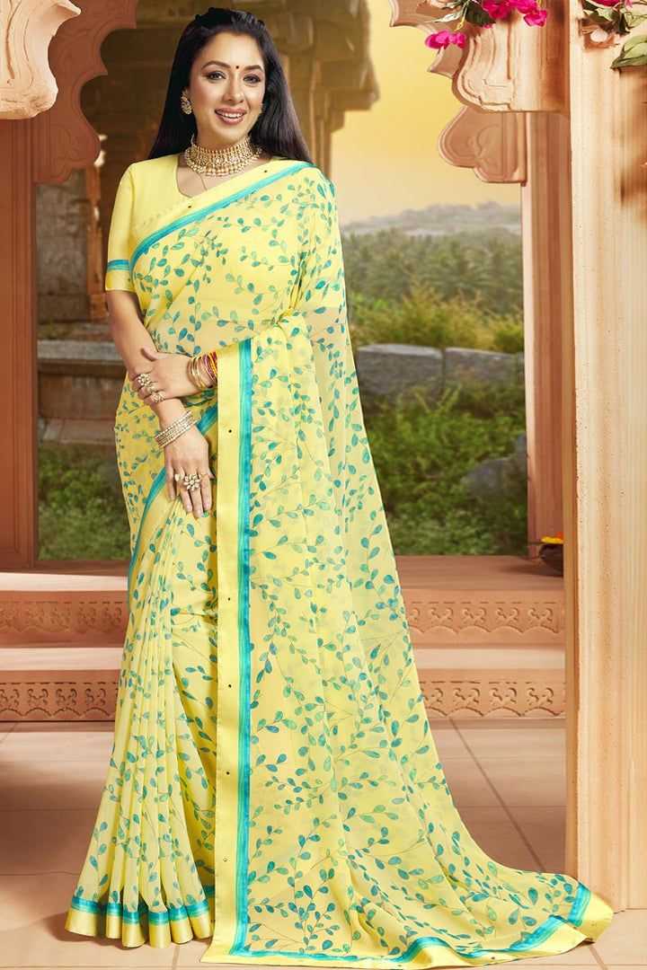 Casual Wear Printed Work On Georgette Fabric Yellow Color Wonderful Saree Featuring Anupamaa Fame Rupali Ganguly