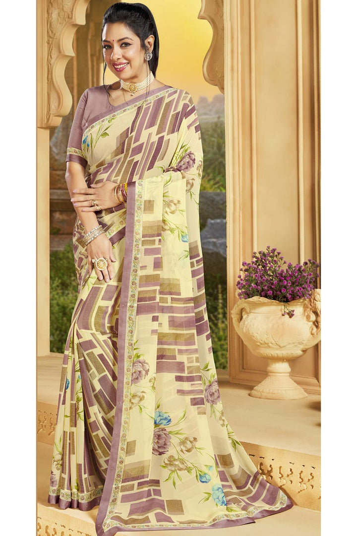 Georgette Fabric Casual Wear Bewitching Yellow Color Printed Work Saree Featuring Anupamaa Fame Rupali Ganguly