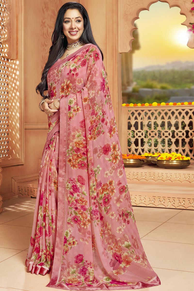 Pink Color Casual Wear Georgette Fabric Printed Imperial Saree Featuring Anupamaa Fame Rupali Ganguly