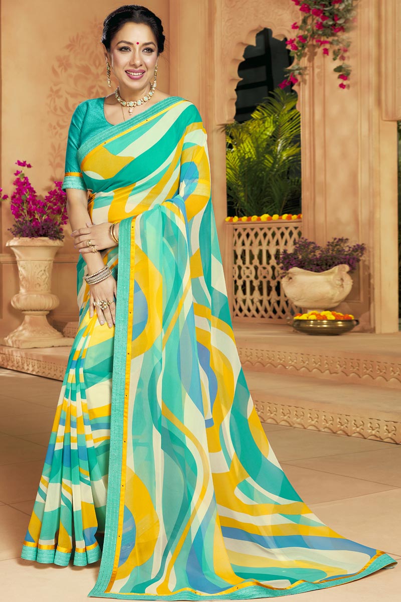 Green Color Casual Wear Georgette Fabric Lovely Printed Saree Featuring Anupamaa Fame Rupali Ganguly