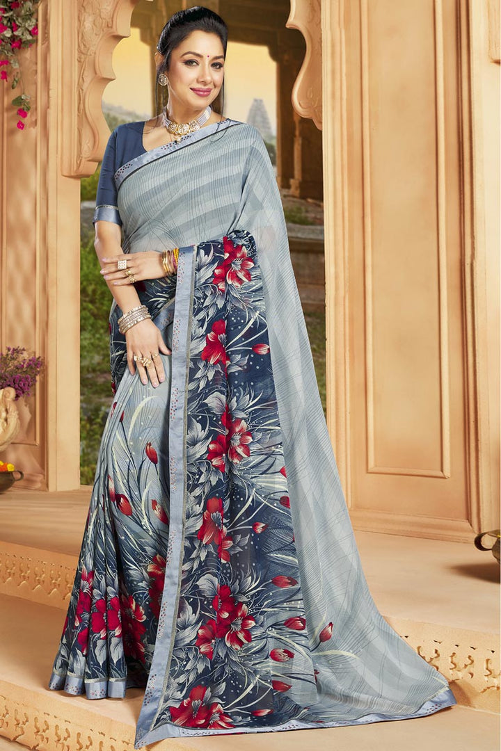 Georgette Fabric Casual Wear Grey Color Printed Work Delicate Saree Featuring Anupamaa Fame Rupali Ganguly