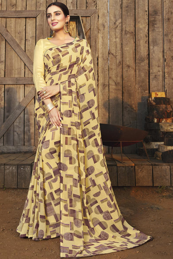 Georgette Fabric Casual Wear Stunning Printed Work Saree In Yellow Color
