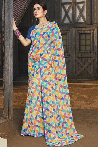 Casual Wear Printed Work Off White Color Wonderful Saree In Georgette Fabric