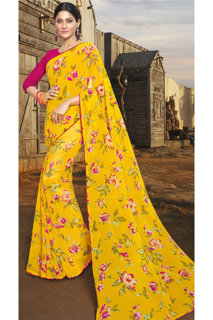 Yellow Color Georgette Fabric Printed Work Daily Wear Pleasant Saree