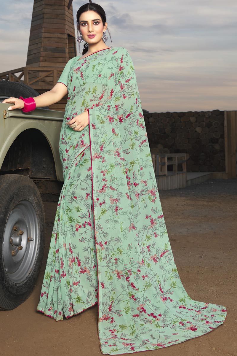 Daily Wear Printed Work Georgette Fabric Sea Green Color Enticing Saree