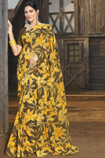 Load image into Gallery viewer, Georgette Fabric Casual Wear Yellow Color Printed Work Delicate Saree
