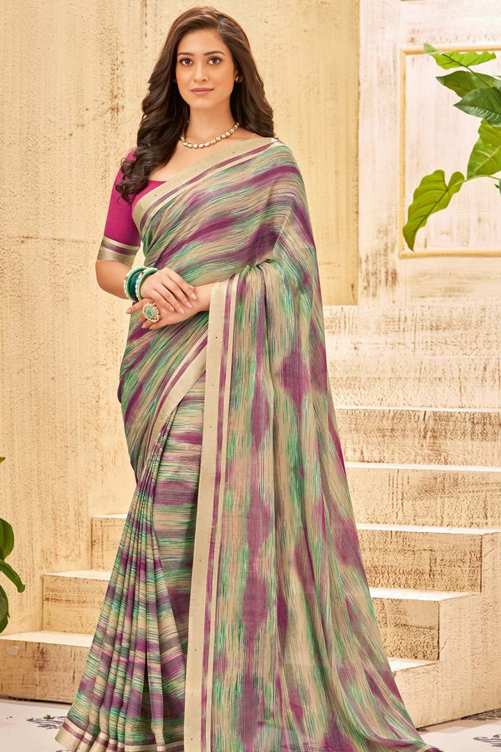 Georgette Fabric Daily Wear Printed Work Imposing Saree In Beige Color