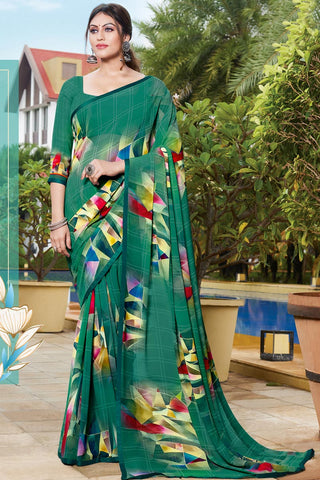 Classic Printed Work Green Color Casual Wear Saree In Georgette Fabric