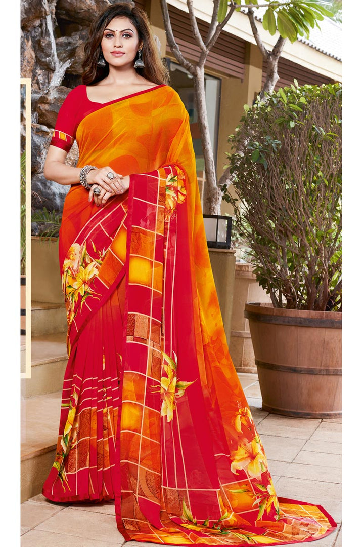 Attractive Georgette Fabric Red Color Casual Wear Saree With Printed Work