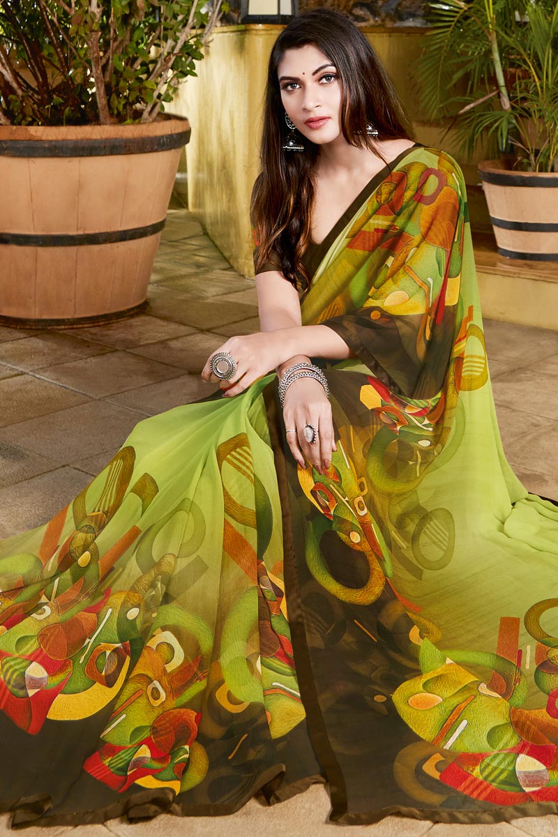 Georgette Fabric Green Color Casual Wear Printed Work Saree