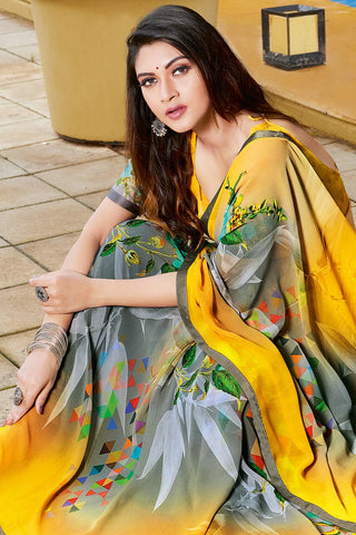 Attractive Georgette Fabric Yellow Color Designer Saree With Printed Work