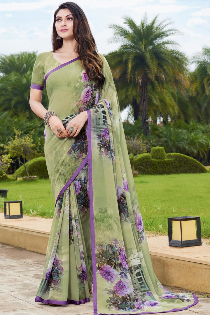 Georgette Fabric Sea Green Color Casual Wear Printed Work Saree