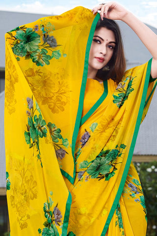 Dazzling Yellow Color Georgette Fabric Designer Saree With Printed Work