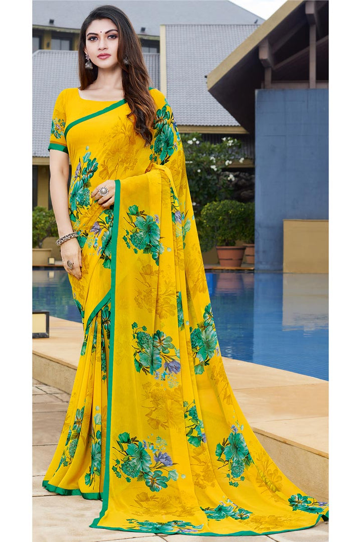 Dazzling Yellow Color Georgette Fabric Designer Saree With Printed Work
