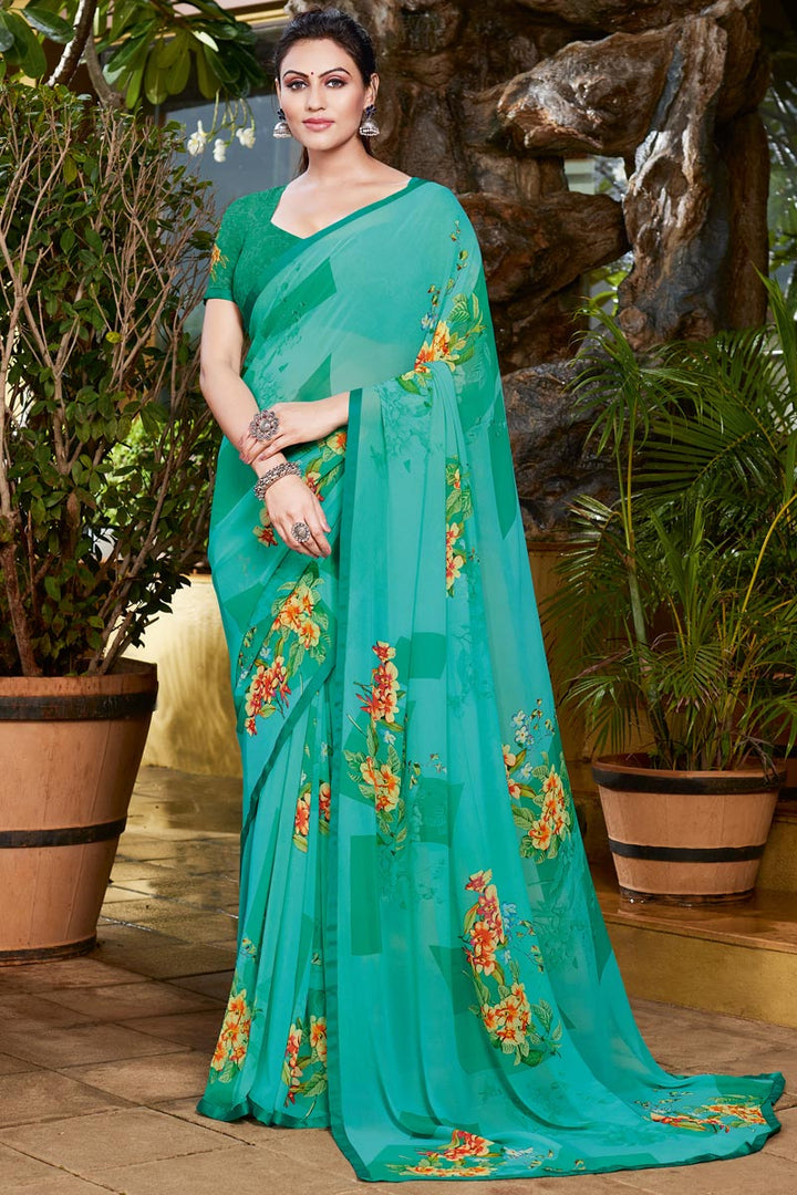 Elegant Cyan Color Georgette Fabric Designer Saree With Printed Work