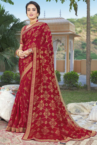 Maroon Color Alluring Brasso Fabric Sangeet Wear Saree With Lace Work