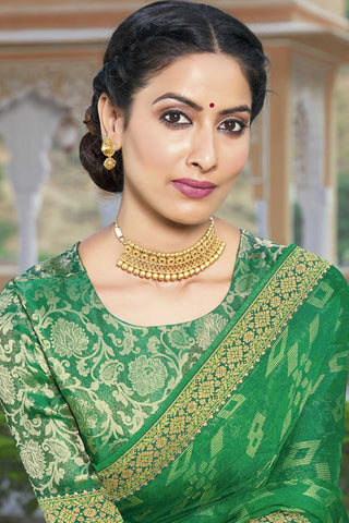 Designer Green Color Sangeet Wear Lace Work Saree In Brasso Fabric