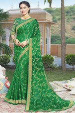 Load image into Gallery viewer, Designer Green Color Sangeet Wear Lace Work Saree In Brasso Fabric
