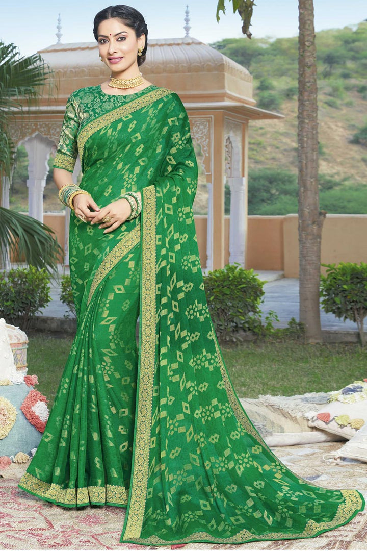 Designer Green Color Sangeet Wear Lace Work Saree In Brasso Fabric