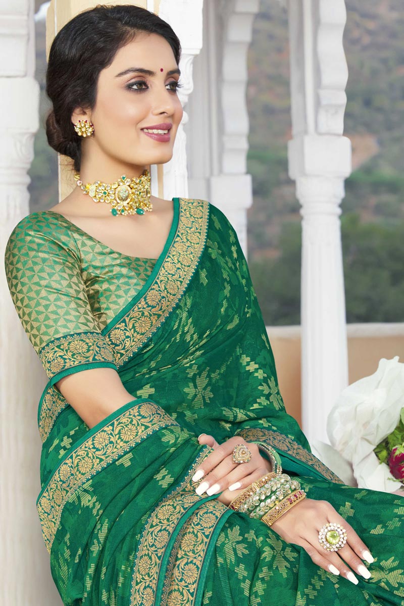 Green Color Brasso Fabric Sangeet Wear Saree With Lace Work