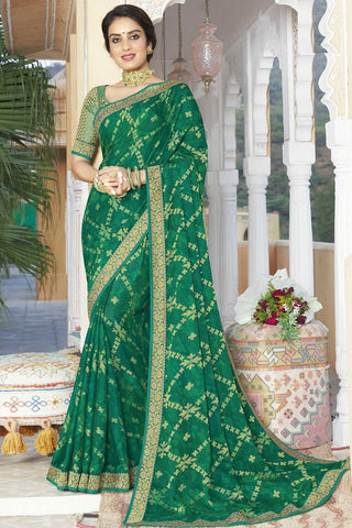 Green Color Brasso Fabric Sangeet Wear Saree With Lace Work