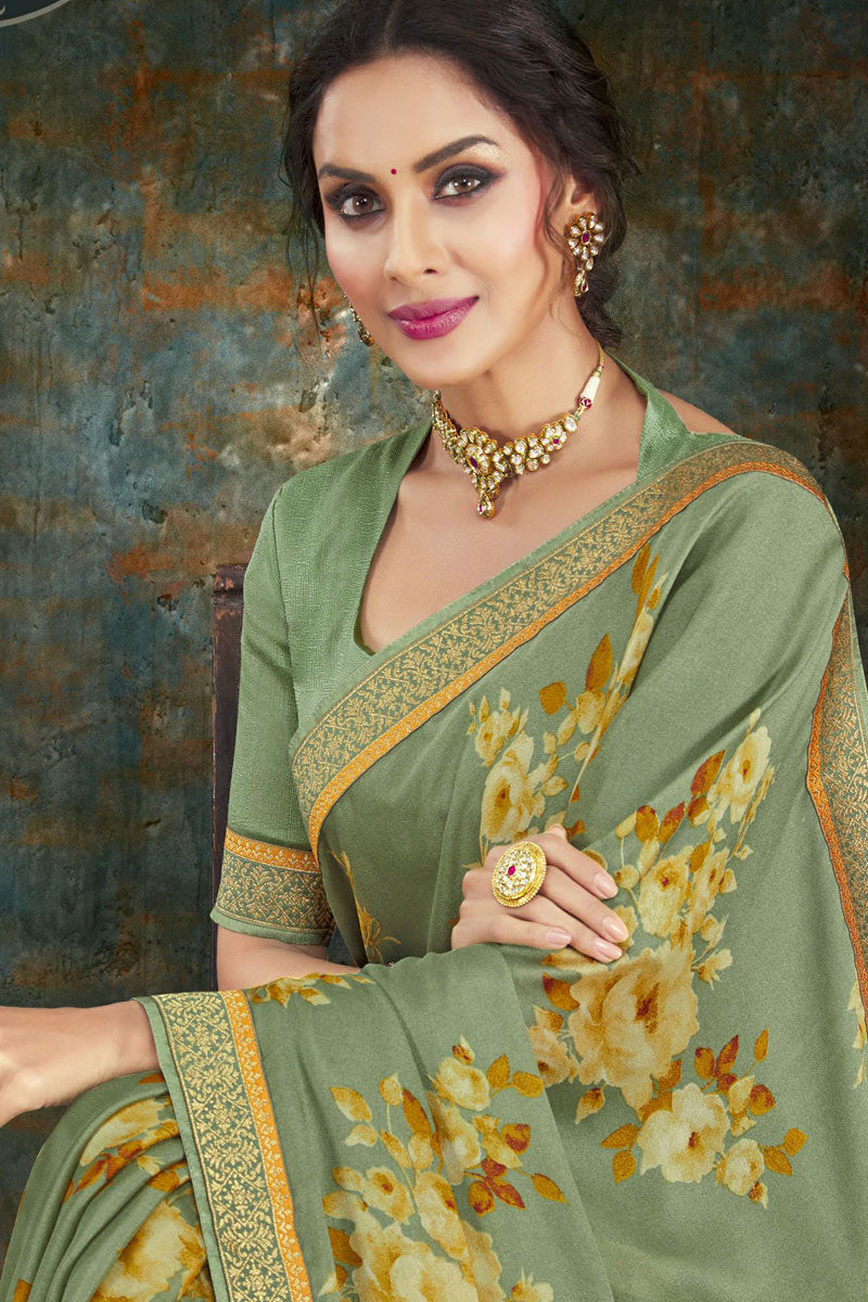 Casual Wear Crepe Fabric Printed Sea Green Color Saree