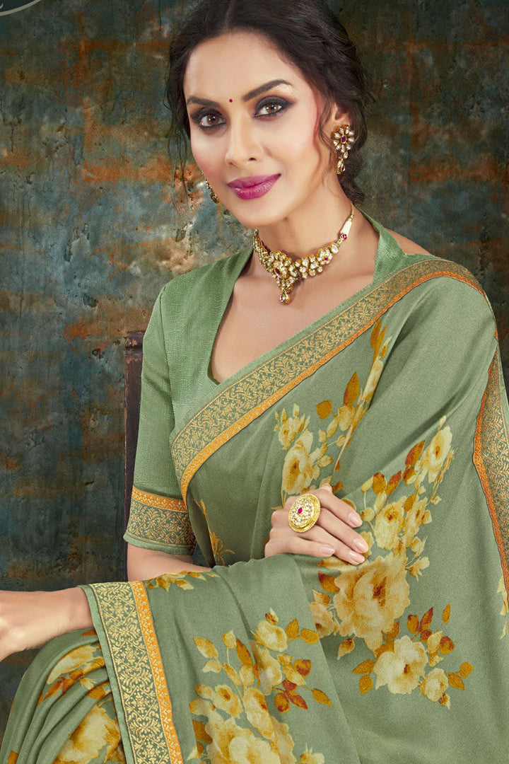 Casual Wear Crepe Fabric Printed Sea Green Color Saree
