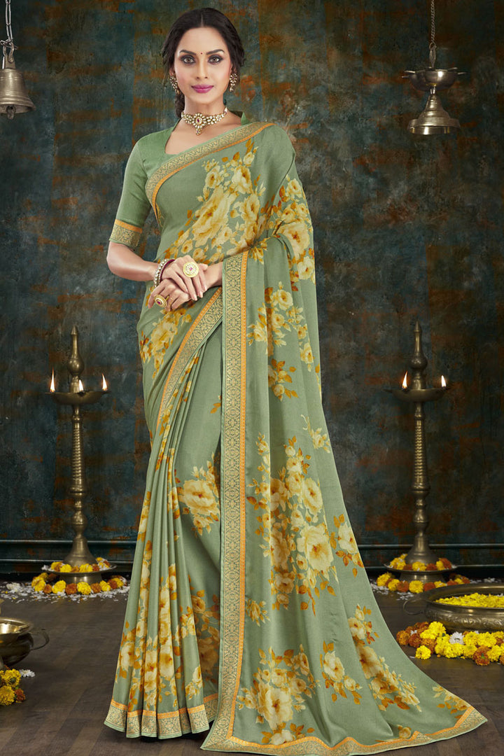 Casual Wear Crepe Fabric Printed Sea Green Color Saree