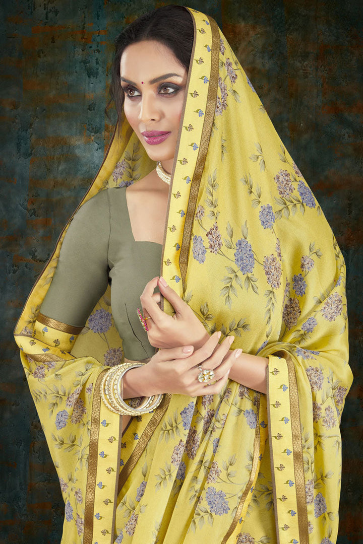 Crepe Fabric Daily Wear Printed Saree In Yellow Color