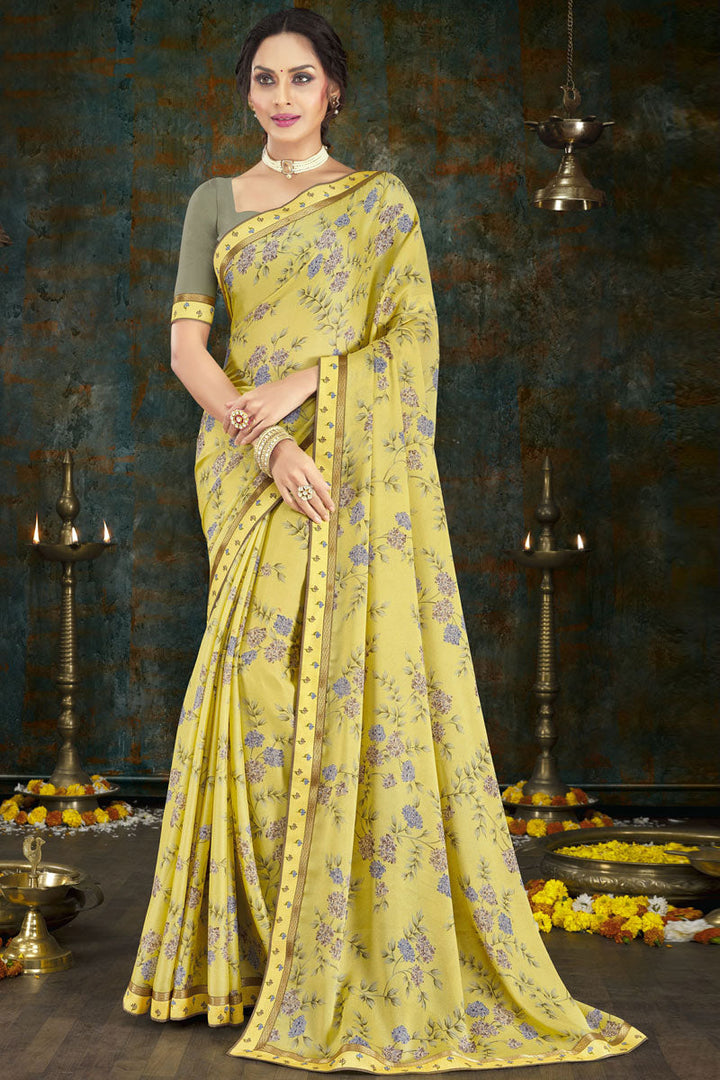 Crepe Fabric Daily Wear Printed Saree In Yellow Color