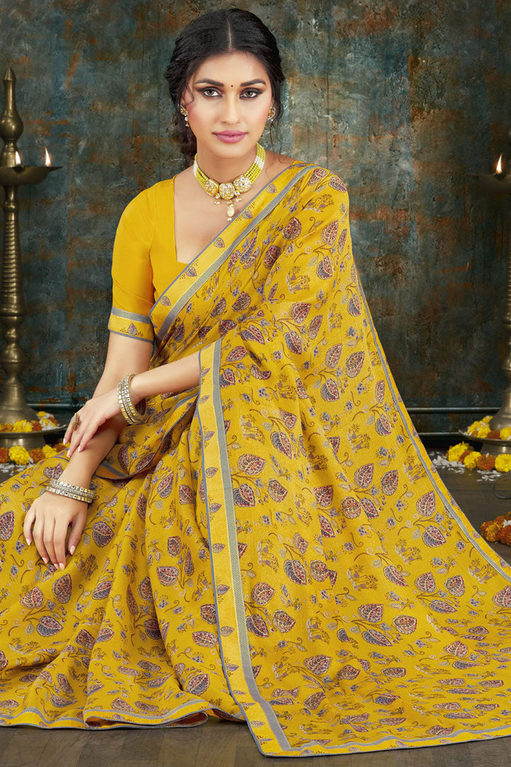 Daily Wear Printed Yellow Color Saree In Crepe Fabric