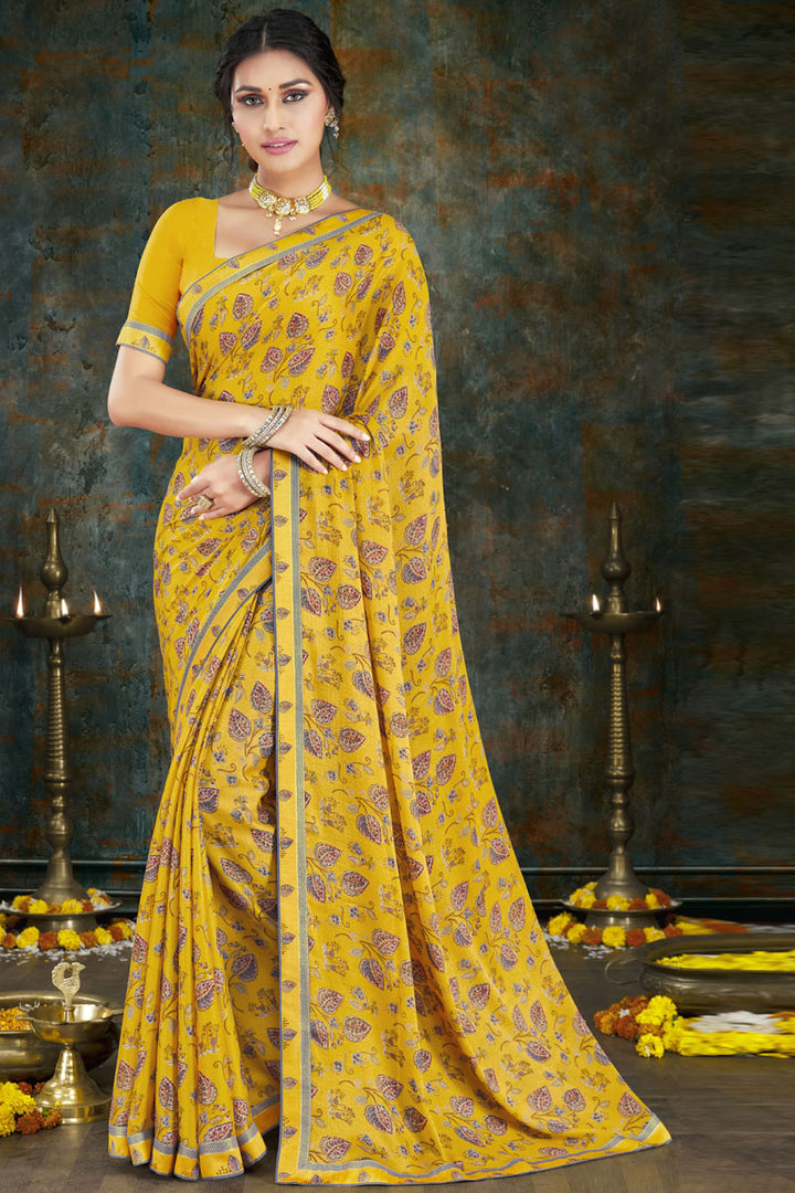 Daily Wear Printed Yellow Color Saree In Crepe Fabric