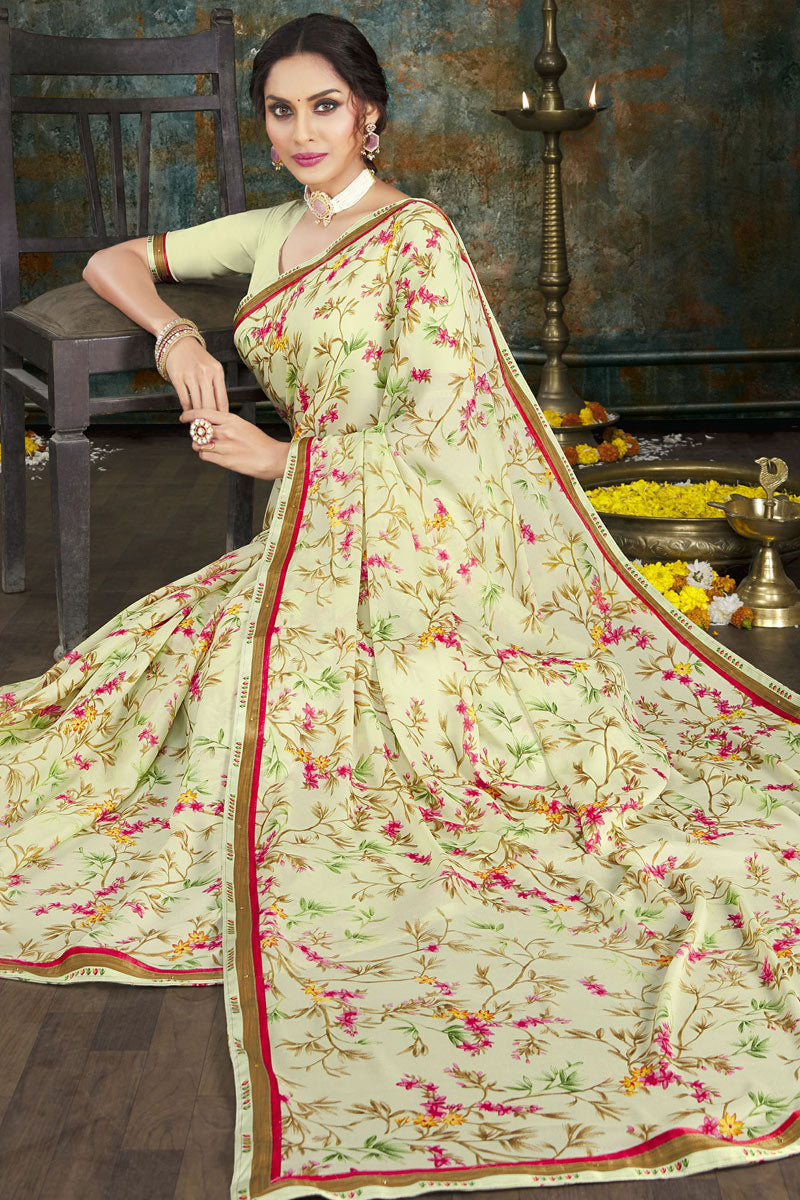 Beige Color Crepe Fabric Casual Wear Printed Saree