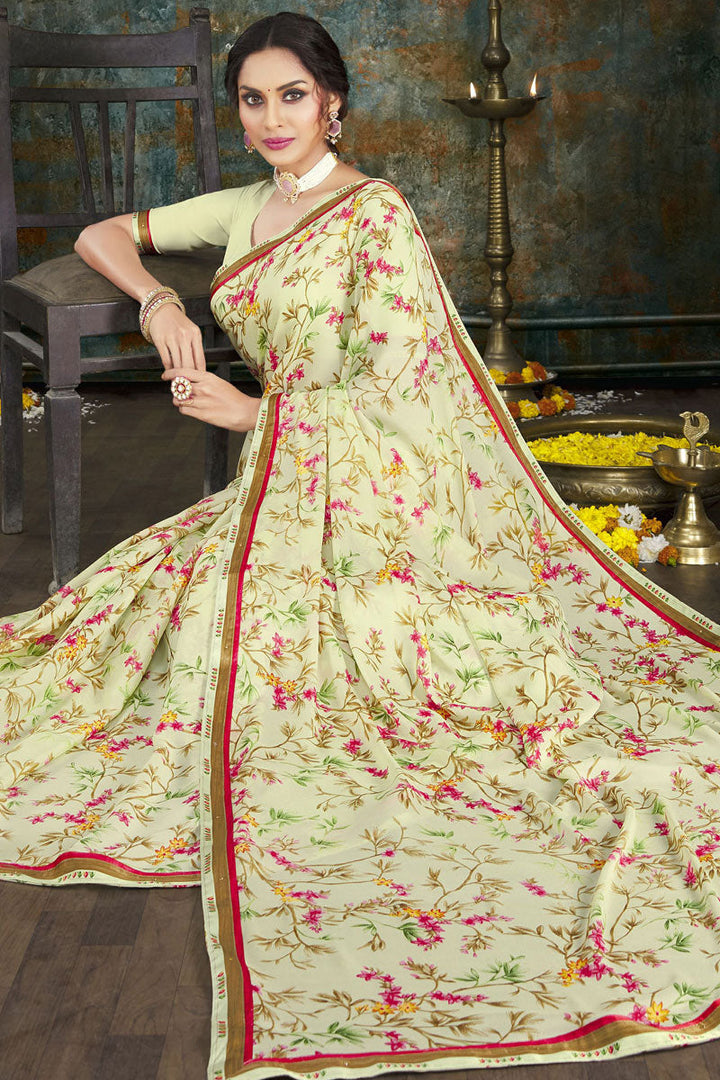 Beige Color Crepe Fabric Casual Wear Printed Saree