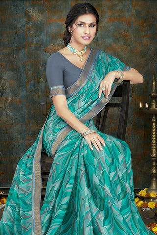 Crepe Fabric Casual Wear Cyan Color Saree In Elegant Printed Work