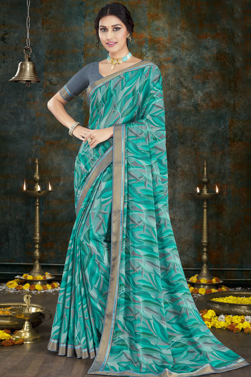 Crepe Fabric Casual Wear Cyan Color Saree In Elegant Printed Work