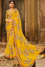 Load image into Gallery viewer, Beauteous Festival Wear Mustard Color Printed Saree In Chiffon Fabric
