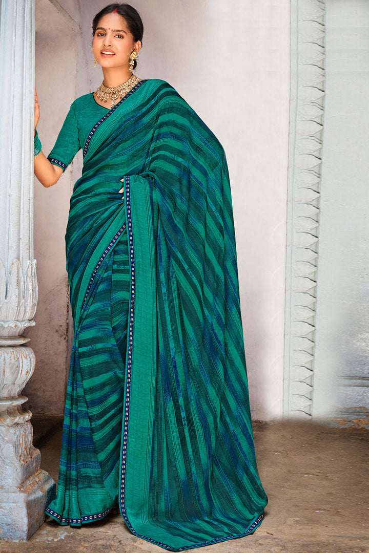 Georgette Fabric Green Color Festival Wear Winsome Printed Saree