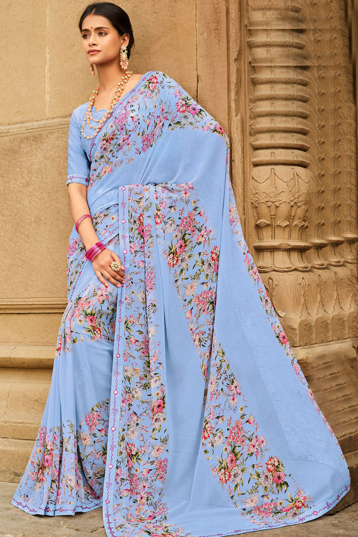 Festival Wear Sky Blue Color Inventive Printed Saree In Georgette Fabric