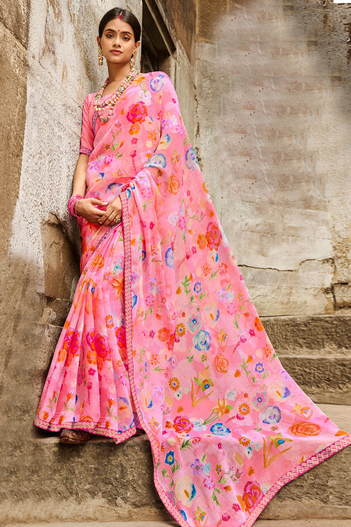 Pink Color Chiffon Fabric Stunning Festive Wear Printed Saree