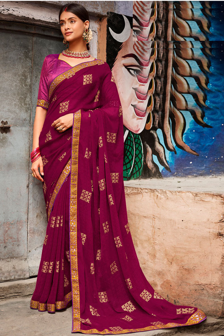 Wine Color Chiffon Festival Wear Divine Printed Saree