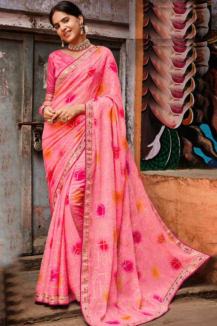 Pink Color Chiffon Fabric Adorable Festive Wear Printed Saree