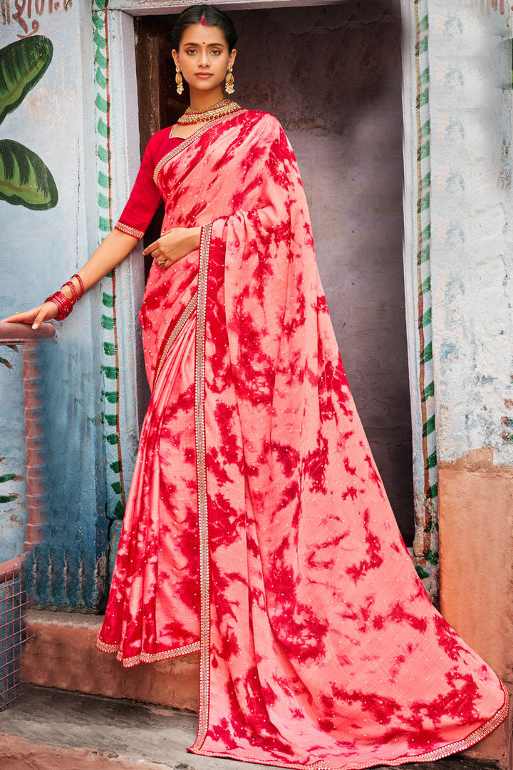 Chiffon Fabric Red Color Festival Wear Vintage Printed Saree