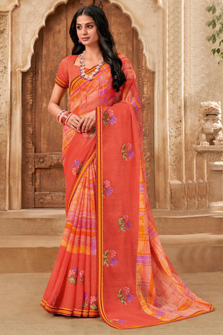 Enticing Orange Color Festive Look Chiffon Saree