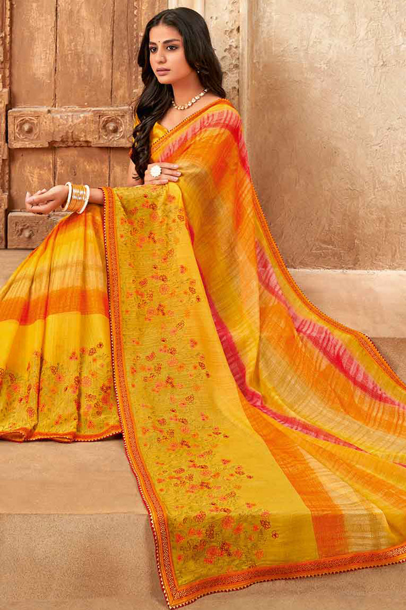 Yellow Color Graceful Chiffon Saree For Festive