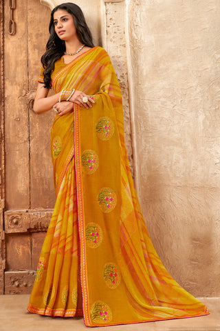 Traditional Festive Look Mustard Color Chiffon Saree