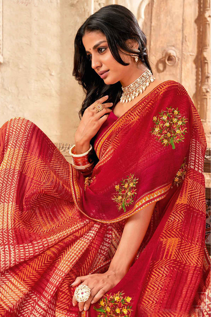 Red Color Festive Look Embellished Chiffon Saree